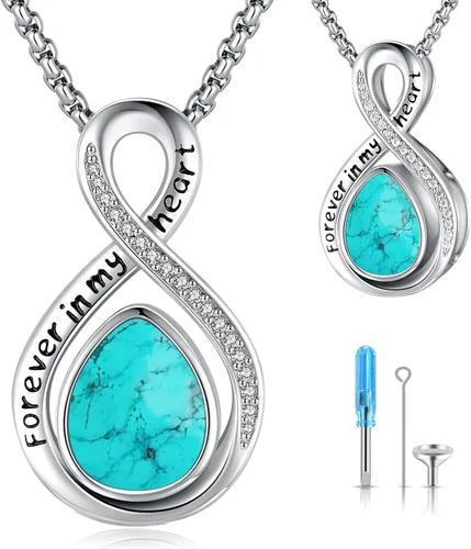 Miniatura 78 de Joyas de turquesa para mujeres y hombres de plata de ley 925 con colgante de urna para cenizas, collar con medallón de imagen, martillo de Thor