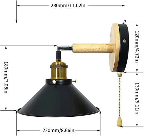 Miniatura 7 de Juego de 2 apliques de pared Vintage Negros, con Base de Madera de 1 luz, interruptor de cadena y diseño cónico. Ideal para mesilla de Noche, sala