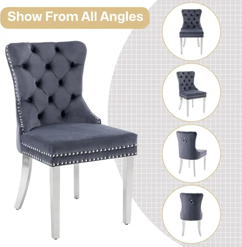 Miniatura 8 de Sillas de Comedor de Terciopelo Juego de 4, Colección Nikki Sillas de Comedor con Patas de Acero Inoxidable Plateado y Anilla, Silla Lateral de Lujo