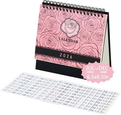 Multibey Calendario de escritorio de encaje rosa 2025-2026, calendario pequeño de 6.5 x 6.5 pulgadas para escritorio (julio de 2025 a diciembre de