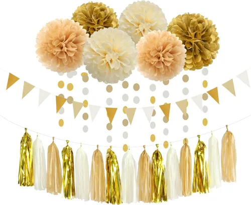 Decoraciones de Fiesta de Champán de Oro Blanco - 23 piezas Pompones de Papel de Seda Serpentinas, Guirnalda de Borlas de Boda de Compromiso de