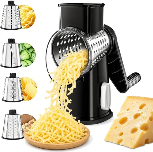 VEKAYA Rallador de Queso, Rallador de Queso con Manivela Manual, Rallador de Queso con 4 Cuchillas Intercambiables, Rebanador de Verduras, Base de