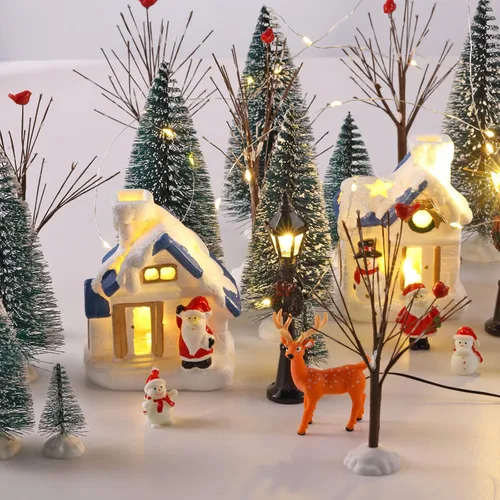 Miniatura 7 de Namalu Juego de 34 Piezas Casas de Pueblo Navideño, Juego de Accesorios Mini Árboles de Navidad, Santa, Muñeco de Nieve, Lámparas de Calle
