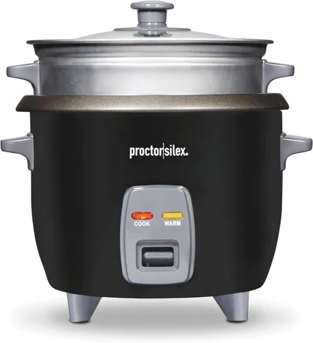 Proctor Silex - Arrocera y vaporizador de alimentos, 6 tazas cocinadas (3 tazas sin cocinar), incluye cesta de vapor y enjuague, negro (37510)