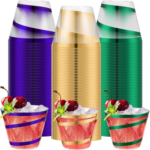 Miniatura 7 de Gejoy Tazas de plástico con borde en espiral de 9 onzas desechables, tazas de vino de plástico elegantes y transparentes, elegantes jarras de Oro