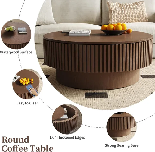 Miniatura 9 de Mesa de centro redonda con almacenamiento, mesas de centro de madera acanalada modernas con base resistente, mesa de té central circular de tambor