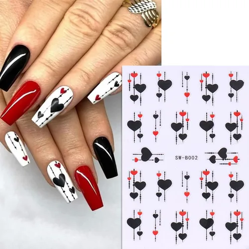 Miniatura 7 de Calcomanías de uñas de San Valentín, 6 unidades, calcomanías de uñas de corazón 3D, autoadhesivas, calcomanías de arte de uñas, diseño de flores