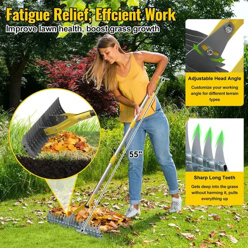 Miniatura 8 de Rastrillo de paja 2 en 1 de acero inoxidable para hojas de paja, 55 pulgadas, resistente 19 púas, desrastrador manual de césped con cabeza
