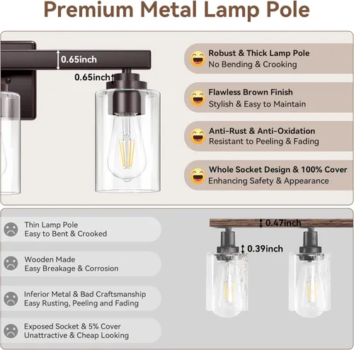 Miniatura 5 de Lámparas de baño de 3 luces, 19 pulgadas, modernas luces de tocador sobre espejo con pantallas de vidrio transparente, accesorio de luz marrón