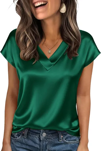 Miniatura 13 de Zeagoo - Camisetas de mujer de satén de seda, tops de manga corta con cuello en V, blusas para negocios y conjuntos casuales, talla S-2XL