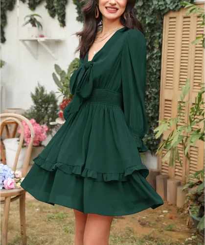 Miniatura 4 de EXLURA - Mini vestido acampanado, con cuello en V, de manga globo larga, floral, con capas, volantes, cintura elástica y para anudar por delante