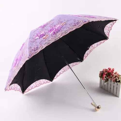 Miniatura 70 de Honeystore Sombrilla bordada con flor 3D plegable UV con encaje clásico