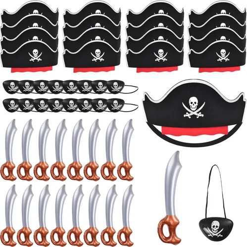 Miniatura 10 de ZeeDix 18 accesorios piratas para niños, incluye 6 sombreros de pirata, 6 parches de ojos y 6 bigotes, decoraciones de fiesta pirata para Navidad