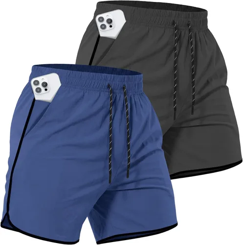 Miniatura 10 de Paquete de 2 pantalones cortos deportivos de entrenamiento de 5 pulgadas para hombre, pantalones cortos de gimnasio de secado rápido con bolsillos