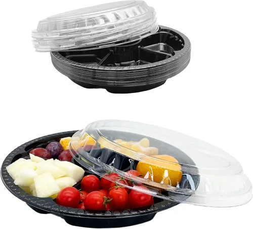 Miniatura 8 de 12 bandejas desechables para frutas, bandeja redonda de plástico para servir aperitivos con tapa, 5 compartimentos, platos de fiesta, recipientes