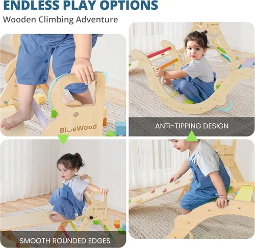 Miniatura 4 de BlueWood Conjunto de Triángulo Pikler, Juguetes de Escalada de Madera para Niños Pequeños para Interiores, Escalador Plegable 7 en 1 para Niños