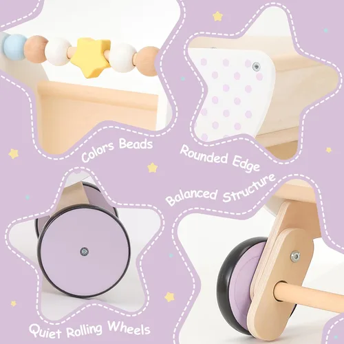 Miniatura 2 de Pillowhale Andador de madera y cochecito de muñeca – Carro de empuje con mango ajustable, antipunta, ruedas silenciosas, carrito de compras