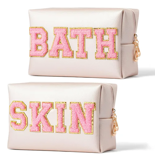 Y1tvei 2 Piezas Parche Preppy SKIN BATH Bolsa de Cosméticos/Artículos de Tocador con Letras Universitarias Rosa Bolsa de Maquillaje con Letras Bolsa