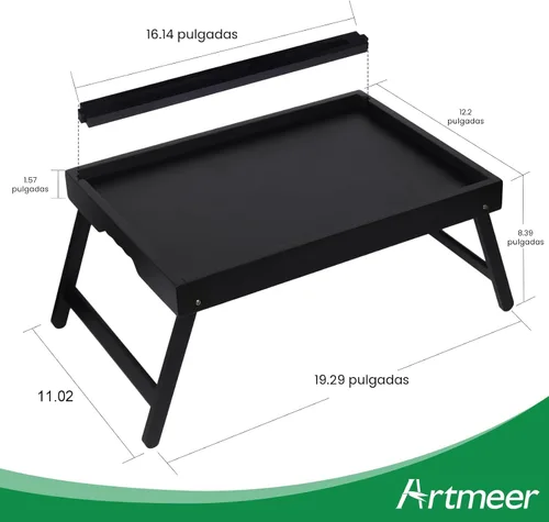 Miniatura 6 de Bandeja para la cama con asas y patas plegables, bandeja de desayuno de bambú con ranura para medios, uso como plato, escritorio para laptop, Negro