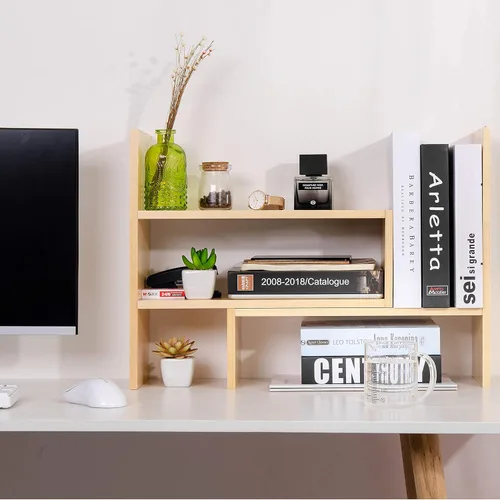 Miniatura 2 de Organizador de escritorio, estante de almacenamiento de oficina, ajustable, de madera natural, estante para libros, organizador de escritorio