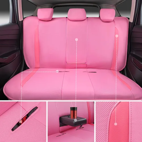 Miniatura 6 de CAR PASS Juego completo de fundas de asiento de automóvil de cuero rosa, protección de asiento impermeable transpirable de lujo, compatible con Rosa