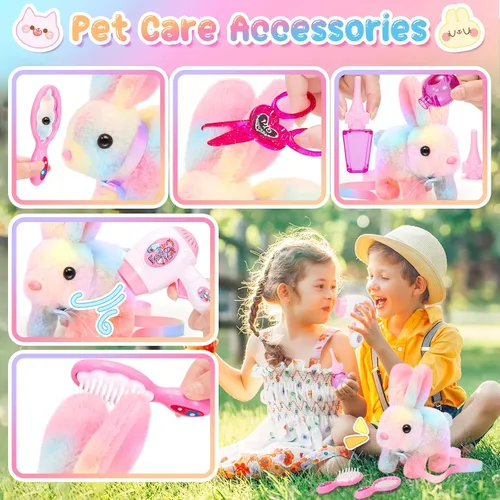 Miniatura 8 de NINAOR Juguetes interactivos de peluche para niños con bolsas de mano, conejo robot de peluche con correa que salta y orejas que se mueven, juguetes
