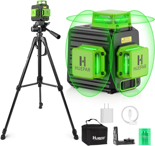 Nivel láser 360 autonivelante con trípode de 50 pulgadas, Huepar 3 x 360° de alto brillo verde herramienta niveladora láser para construcción,