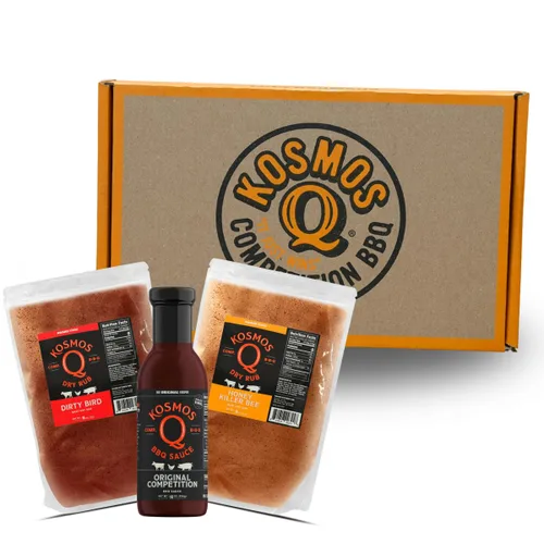 Kosmos Q BBQ Box, Original Competition Barbecue Sauce Plus Dirty Bird & Honey KB Dry Rubs, Gift Set for Smoking & Grilling Chicken, Ribs, Pulled