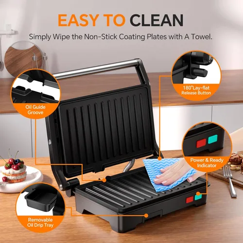 Miniatura 6 de Panini - Parrilla de prensa, sandwichera de 1000 W con placas revestidas antiadherentes, abre 180 grados para cualquier tamaño de alimentos