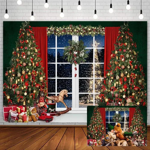 AIBIIN Telón de fondo de Navidad de invierno de 10 x 7 pies para fotografía, árbol de Navidad, ventana, noche, Papá Noel, nieve, fondo para niños,