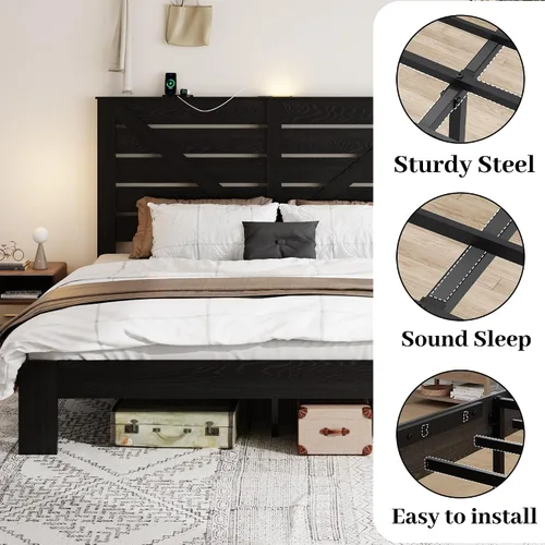 Miniatura 6 de Base de cama de tamaño matrimonial con cabecero, plataforma de estilo granja con luces LED, carga USB, sin somier, fácil montaje, marco de cama