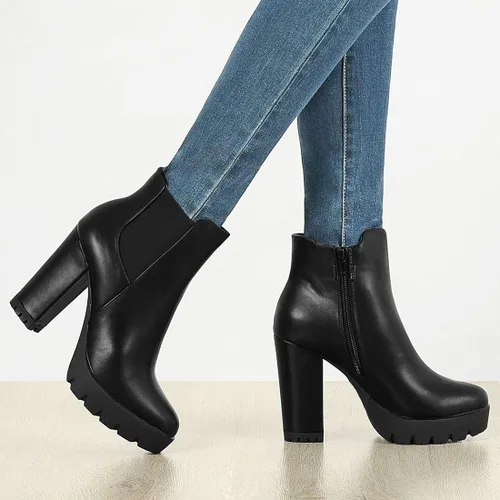 Miniatura 2 de Allegra K Botines con plataforma y tacón de bloque con cremallera y punta redonda para mujer