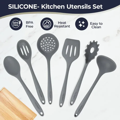 Miniatura 3 de Culinary Couture Juego de 6 Utensilios de Cocina de Silicona Gris, Juego de Utensilios de Cocina de Silicona Antiadherentes Resistentes al Calor
