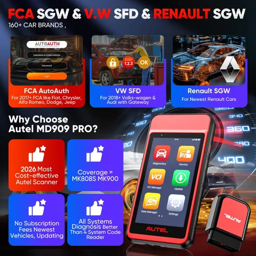 Miniatura 7 de Autel Escáner MaxiDiag MD909 PRO OBD2, lector de códigos de automóvil MD909PRO 2026, herramienta de diagnóstico de todos los sistemas, 11 servicios