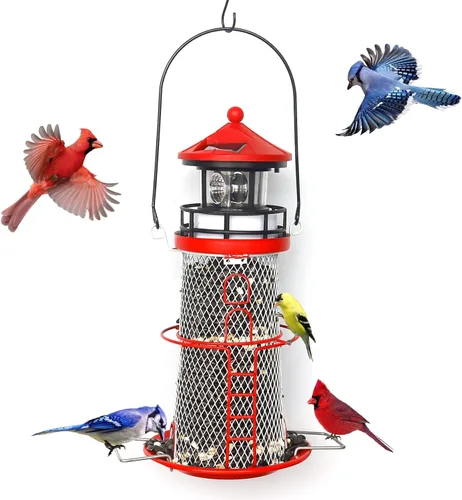 Miniatura 12 de Comedero Solar para Pájaros Faro con Faro Giratorio - 14" Comedero Colgante Mejores Regalos de Comedero para Amantes de las Aves (Azul Espacial)