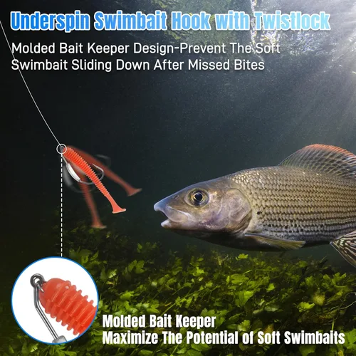 Miniatura 5 de Ganchos de pesca con peso, 15 anzuelos de pesca con peso sin malas hierbas con pasador de centrado Twistlock, ganchos de pesca de gusanos