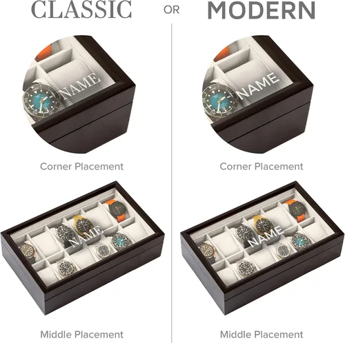 Miniatura 2 de CASE ELEGANCE Caja organizadora de reloj de madera expreso con monograma de 12 ranuras con tapa de cristal