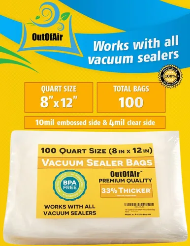 Miniatura 2 de 100 bolsas selladoras al vacío: tamaño de cuarto de galón (8 x 12 pulgadas) por OutOfAir funciona con FoodSaver y otras máquinas, 33% más gruesas