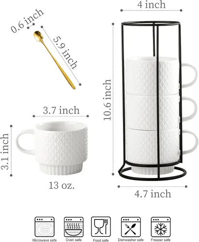 Miniatura 2 de LYEOBOH Tazas de café apilables con estante, juego de 4 tazas de café de cerámica de 13 onzas con soporte, taza de café con cuchara, tazas de Blanco