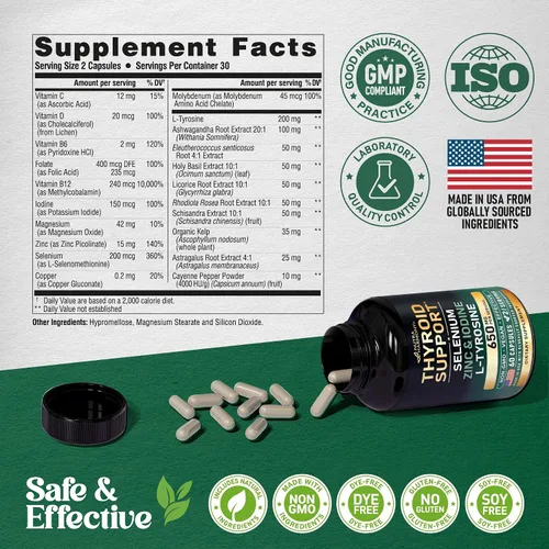Miniatura 7 de Soporte tiroideo para mujeres, selenio 200 mcg, astrágalo, zinc y yodo, L-tirosina, hierbas adaptógenas, antioxidante y apoyo inmunológico 21 en 1
