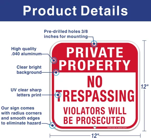 Miniatura 2 de Señal de propiedad privada No Trespassing ("Violators Will Be Prosecuted"), cuadrado de 12 x 12 pulgadas, aluminio libre de óxido .040, protección