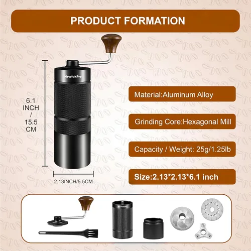 Miniatura 5 de Molinillo de Café Manual M6, Capacidad 25g (0.88 oz), Molinillo de Café de Mano con Cuerpo de Aluminio, Núcleo de Fresas de Molienda Hexagonales