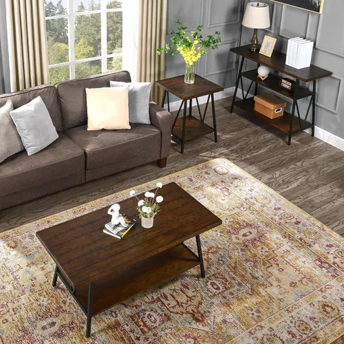 Miniatura 7 de Mesa consola con mesa dentada, mesa de entrada de madera maciza con estante de almacenamiento, mesa de pasillo rústica de 3 niveles, mesa de sofá