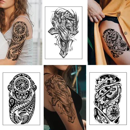 Miniatura 5 de Yazhiji 36 hojas de calcomanías temporales de tatuajes, 12 hojas de tatuajes falsos para hombres o mujeres, con 24 hojas, color negro pequeño Lobo