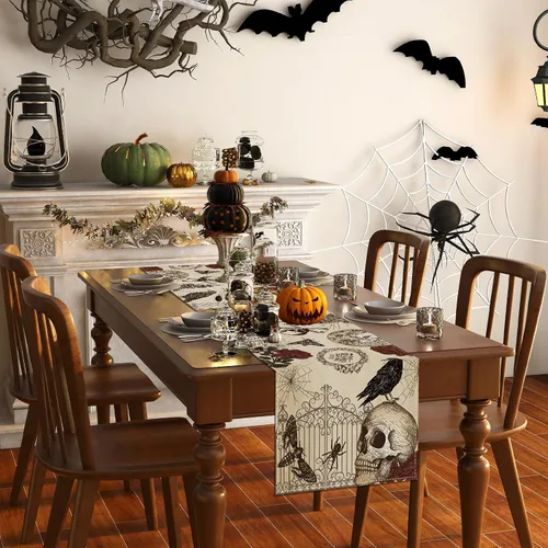 Camino de mesa retro de Halloween, mantel gótico de calavera para Halloween, decoración de calavera y rosas, decoración de Halloween y suministros
