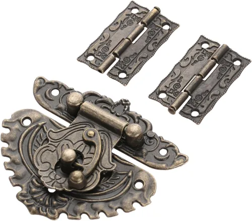 Yetaha Juego de 2 cierres de cerrojo antiguo y 2 bisagras, cierre de cerrojo decorativo grabado vintage, herrajes de bronce para joyero, caja de