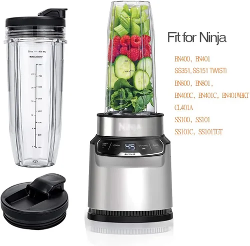 Miniatura 2 de Vasos de repuesto de 32 onzas compatibles con licuadora Ninja Nutri BN401, SS101, BN400, BN800, BN801, SS351, SS151 TWISTi DUO, con tapas mejoradas