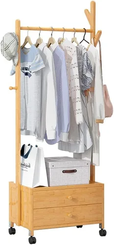 Miniatura 8 de Perchero independiente resistente, perchero de bambú con ruedas, ideal para almacenamiento de ropa de dormitorio