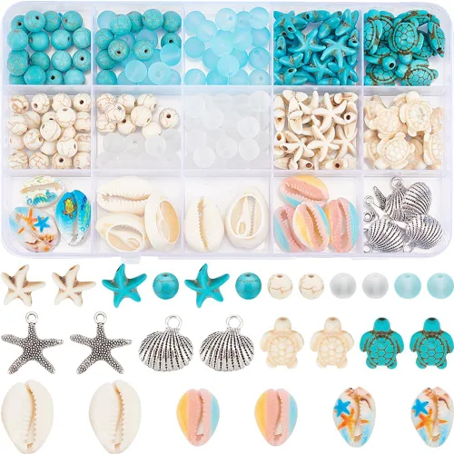 Miniatura 16 de SUNNYCLUE 1 Caja 540 piezas Kit de Cuentas Oceánicas Vidrio Verano Pez Estrella de Mar Dijes Azul Hawaii Animales Marinos Dije Cuentas de Semillas