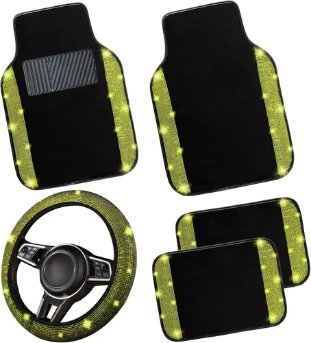 Miniatura 9 de NBTEPEM Juego completo de alfombrillas brillantes para piso de automóvil y funda para volante, ajuste universal para la mayoría de los automóviles